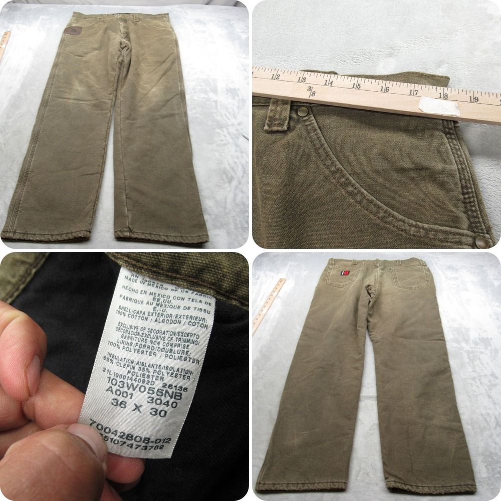 Wrangler RIGGS Pants Men 36x30 Green Fleece Lined Insulated Rugged Boot Workwear